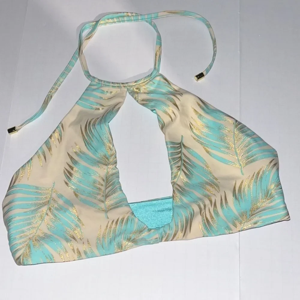 NWOT Beach Bunny Blue & Gold Tropical HalterNeck Keyhole Bikini Top & Bottom Set